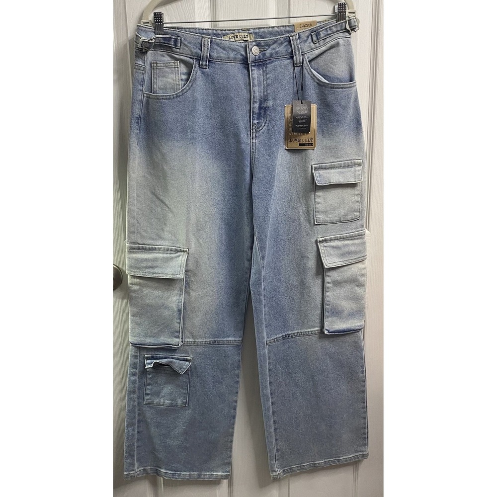 Love Cult Women Cargo Pocket Wide Leg Baggy Mid Denim Streetwear Y2k L-NWT 32x29